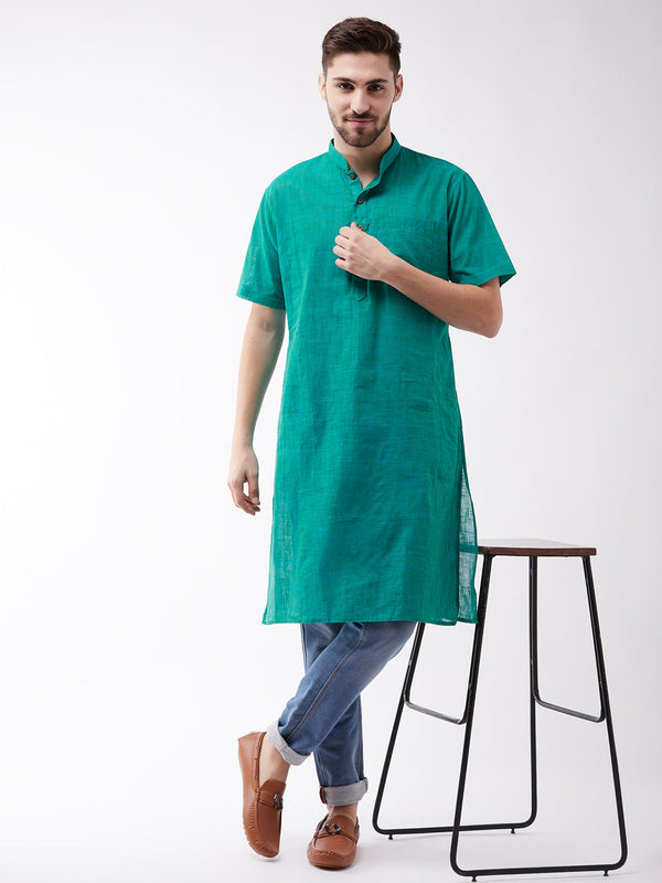 Jashvi Men's Solid Turquoise Pure Cotton Kurta