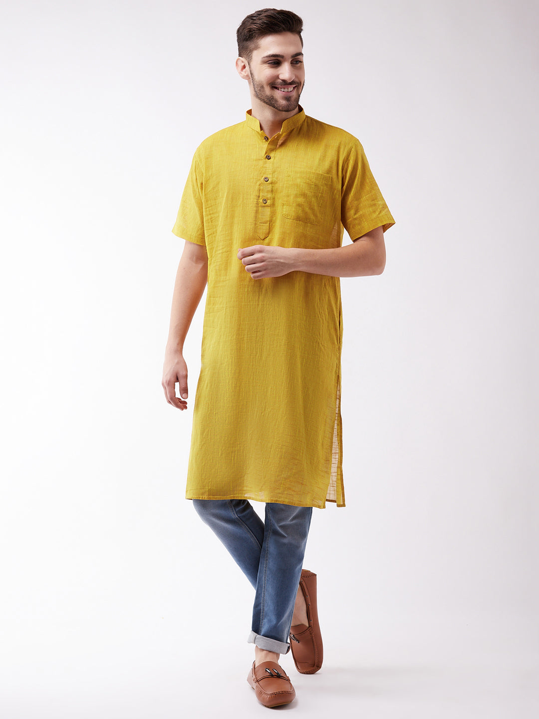 Men's Solid Yellow Pure Cotton Kurta - Vastramay