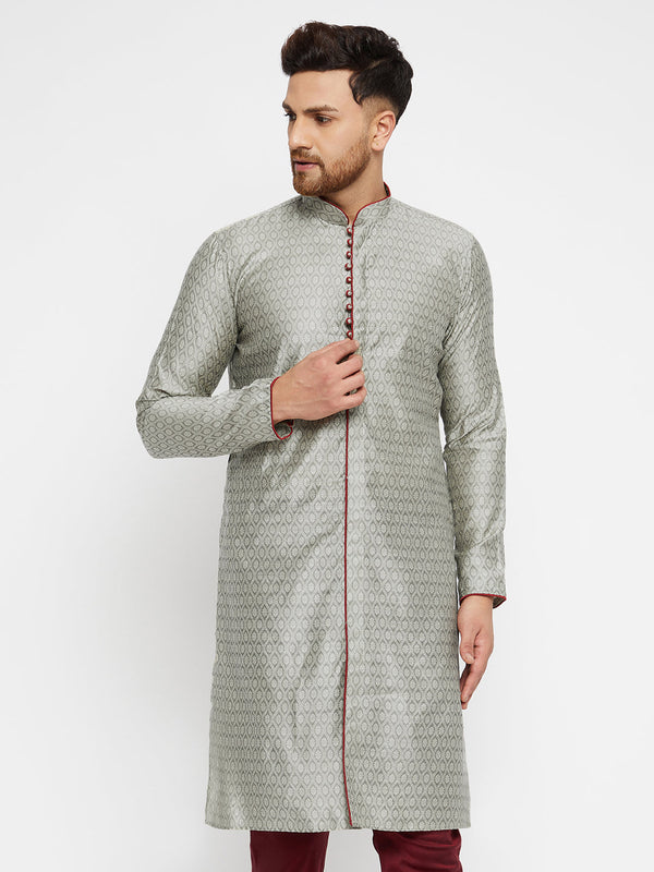 Jashvi Men's Beige And Maroon Silk Blend Kurta