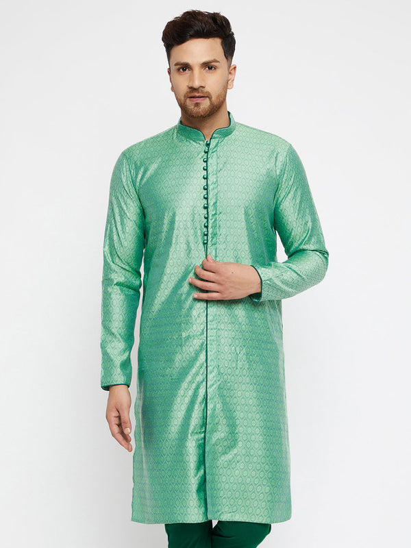 Jashvi Men's Green Silk Blend Kurta