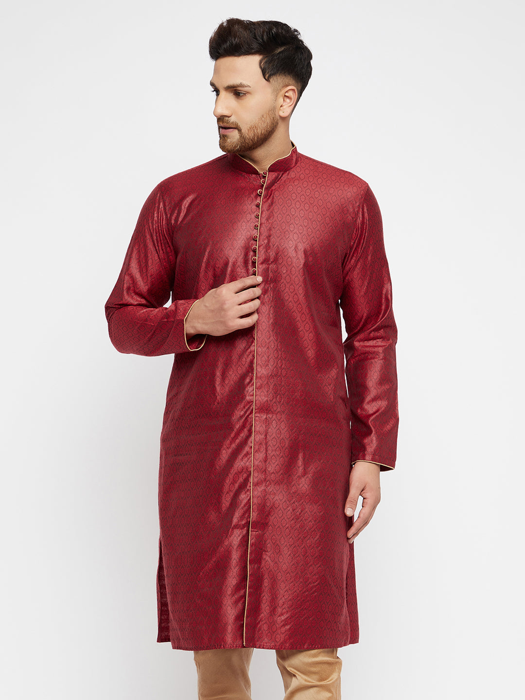 Men's Maroon And Rose Gold Silk Blend Kurta - Vastramay