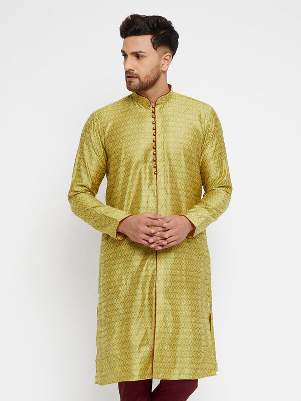 Jashvi Men's Mustard And Maroon Silk Blend Kurta