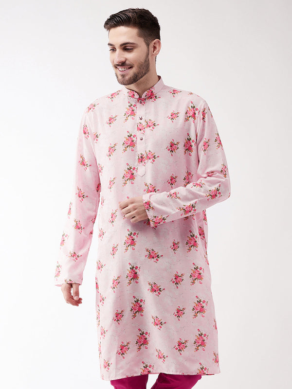 Jashvi Men's Multicolor-Base-Pink Muslin Blend Kurta