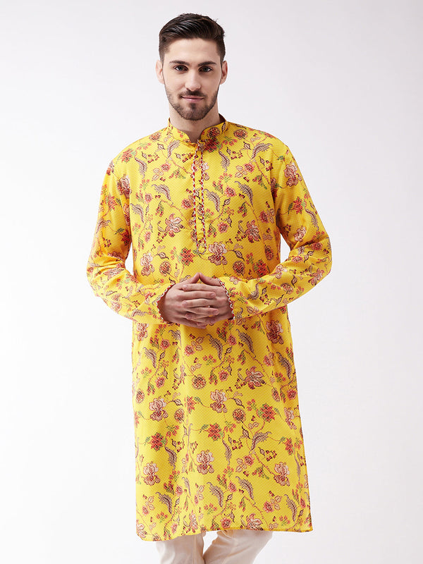 Jashvi Men's Floral Printed Multicolor-Base-Yellow Muslin Blend Kurta