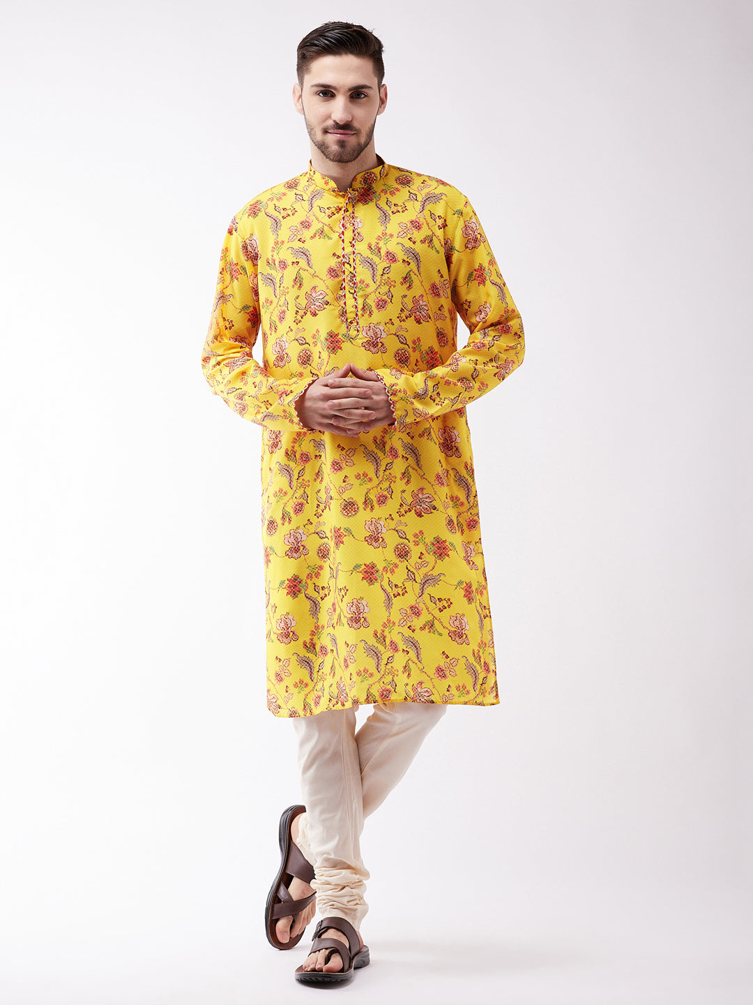 Men's Floral Printed Multicolor-Base-Yellow Silk Blend Kurta And Pyjama Set - Vastramay