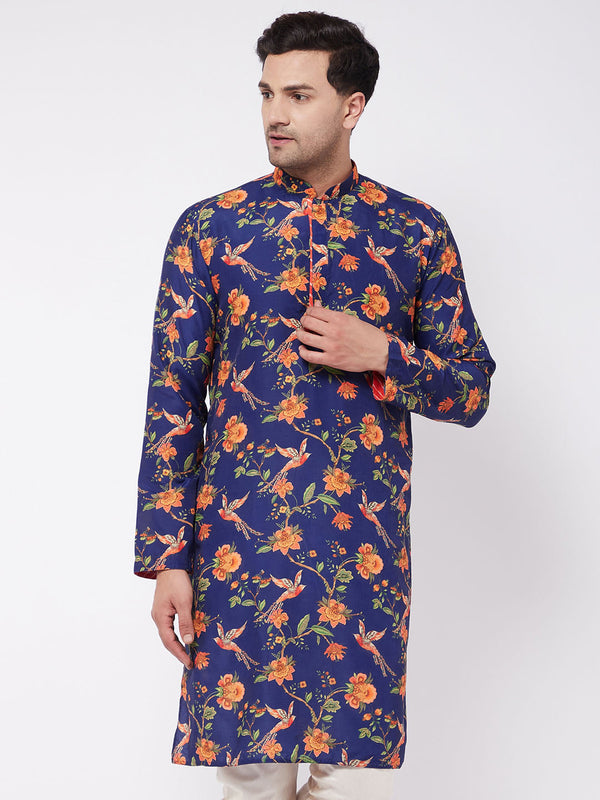 Jashvi Men's Multicolor-Base-Navy Blue Muslin Blend Kurta