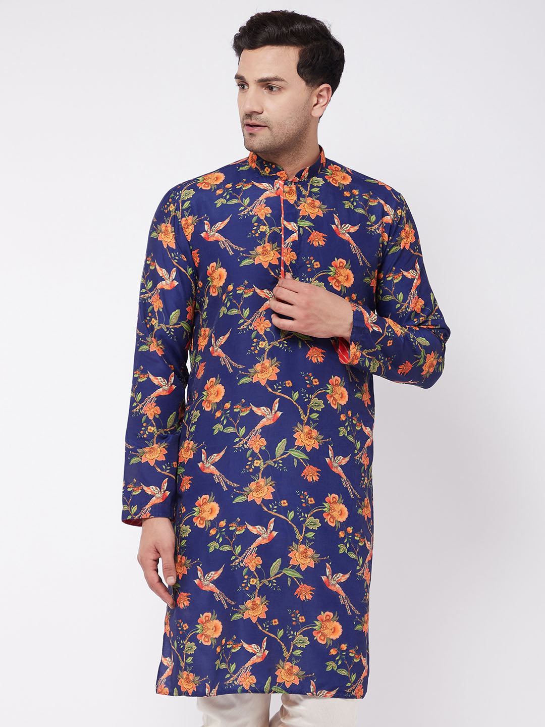 Men's Multicolor-Base-Navy Blue Muslin Blend Kurta - Vastramay