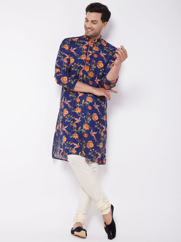 Jashvi Men's Floral Printed Muslin Blend Kurta Pyjama Set