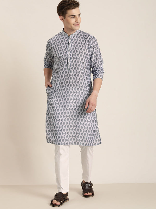 Jashvi Men's Grey Cotton Blend Kurta And White Pyjama Set