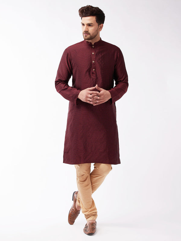 Jashvi Men's Maroon And Rose Gold Silk Blend Kurta Pyjama Set