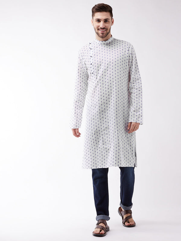 Jashvi Men's White And Blue Cotton Kurta