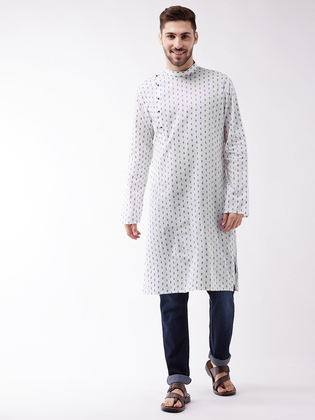 Men's White And Blue Cotton Kurta - Vastramay