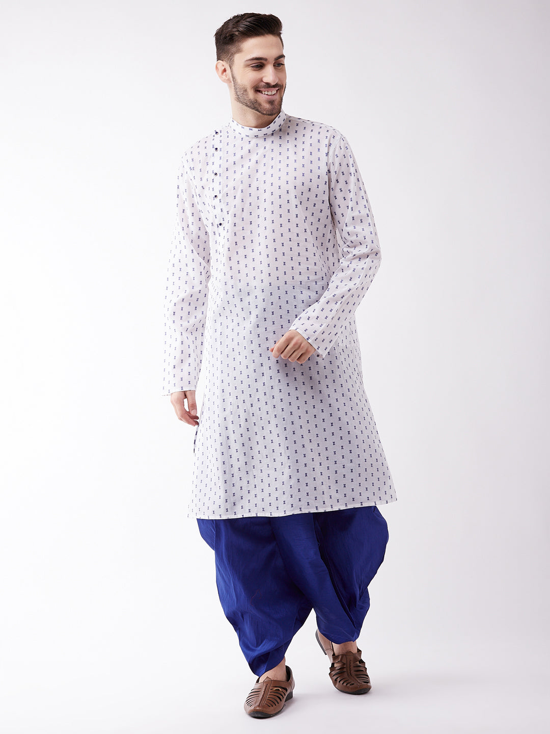 Men's White And Blue Cotton Kurta And Dhoti Set - Vastramay