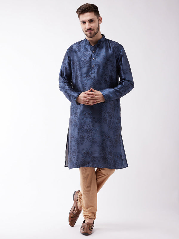 Jashvi Men's Blue And Rose Gold Silk Blend Kurta Pyjama Set