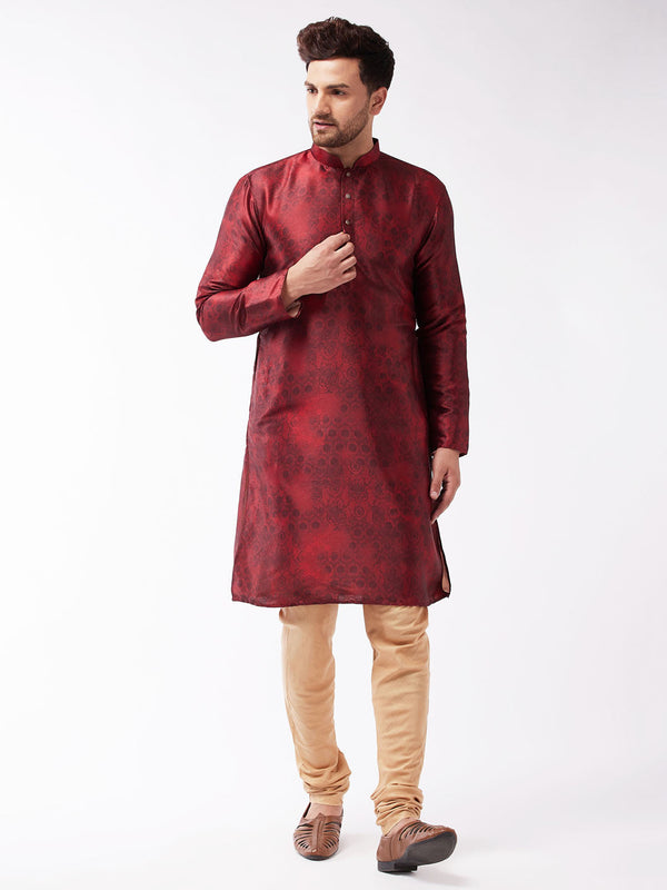 Jashvi Men's Maroon And Rose Gold Silk Blend Kurta Pyjama Set