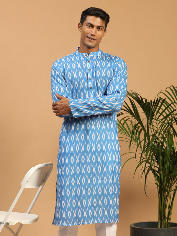 Jashvi Men's Aqua Blue Ikkat Print Cotton Kurta