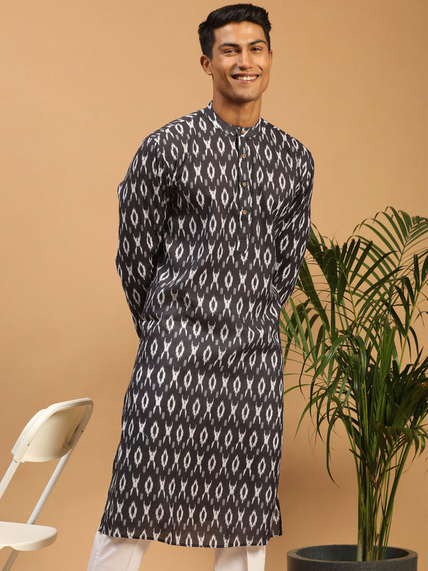 Jashvi Men's Black Ikkat Print Cotton Kurta