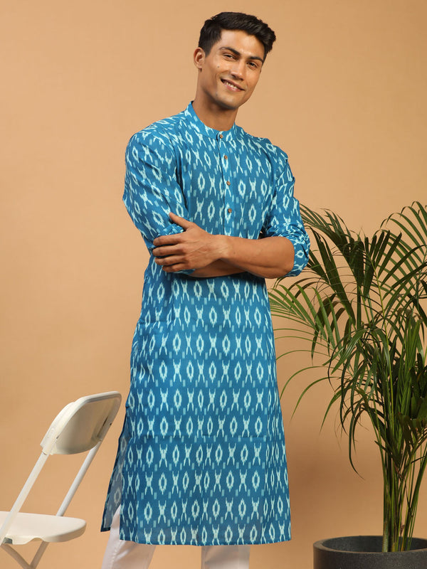 Jashvi Men's Turquoise Ikkat Print Cotton Kurta