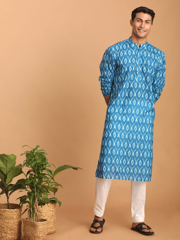 Jashvi Men's Turquoise Blue Ikkat Print Cotton Kurta With Pant set