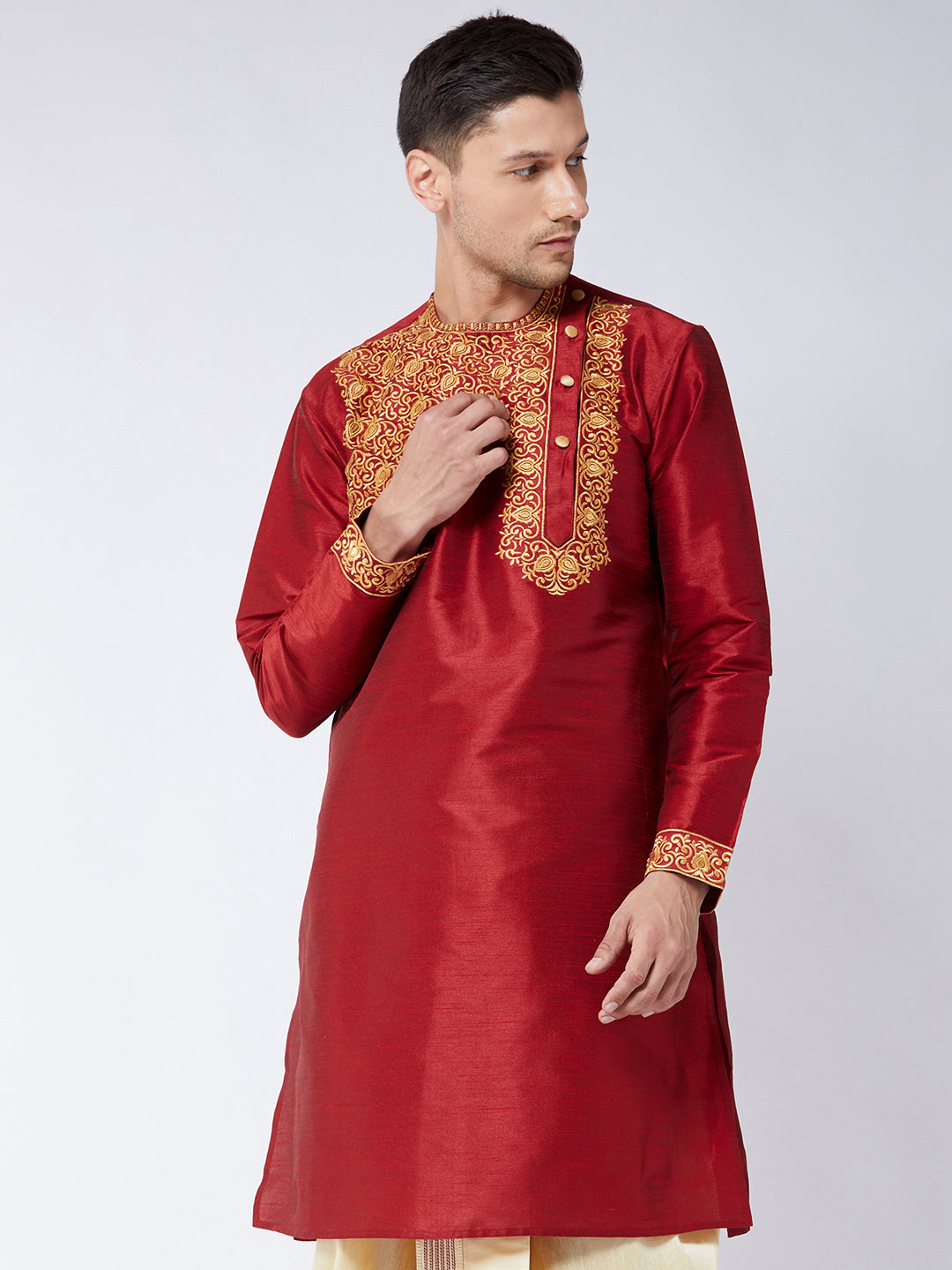 Men's Maroon Silk Blend Kurta - Vastramay