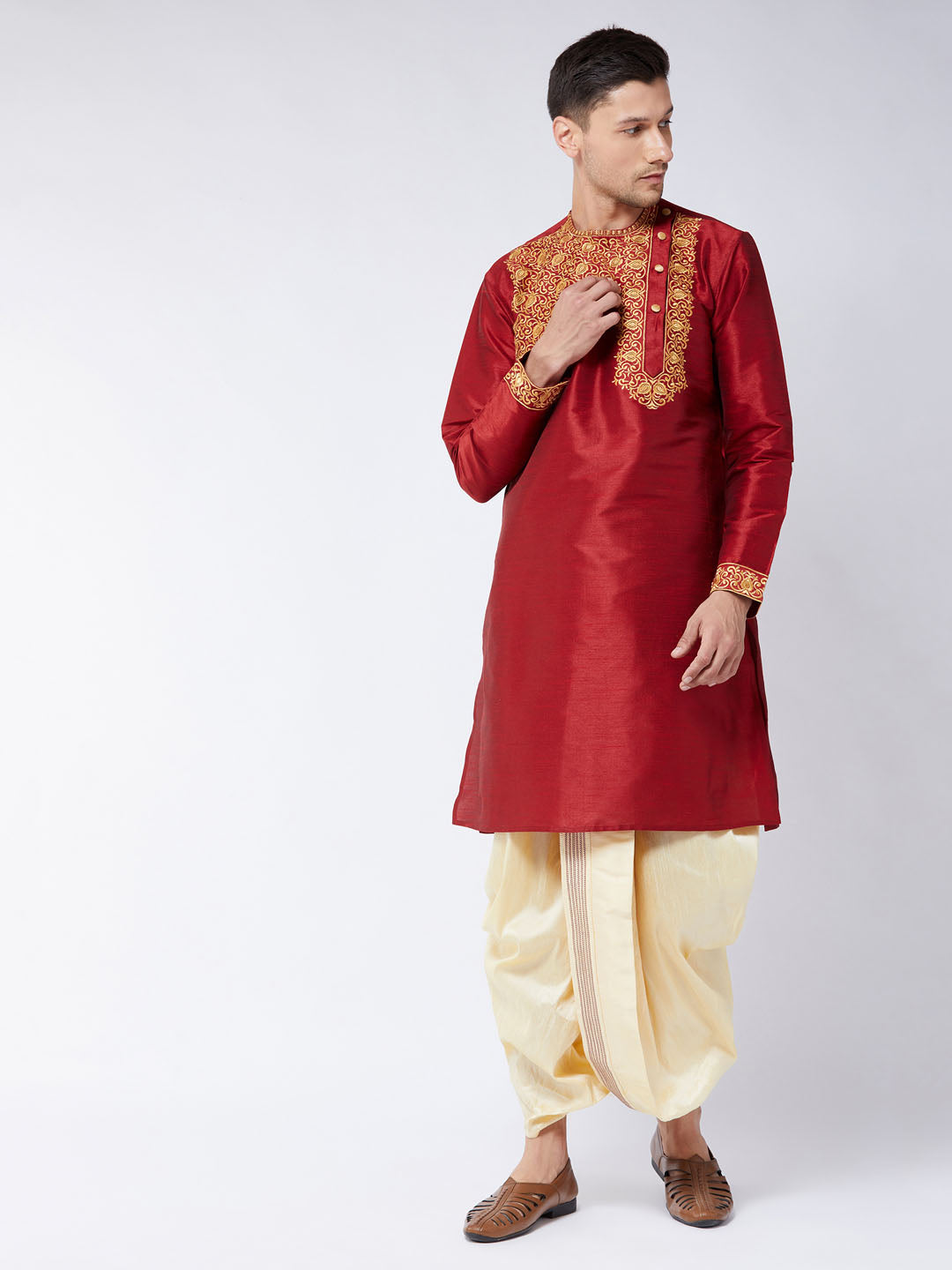 Men's Maroon And Gold Silk Blend Kurta And Dhoti Set - Vastramay