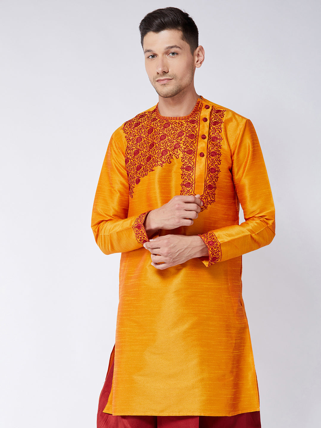 Men's Orange Silk Blend Kurta - Vastramay