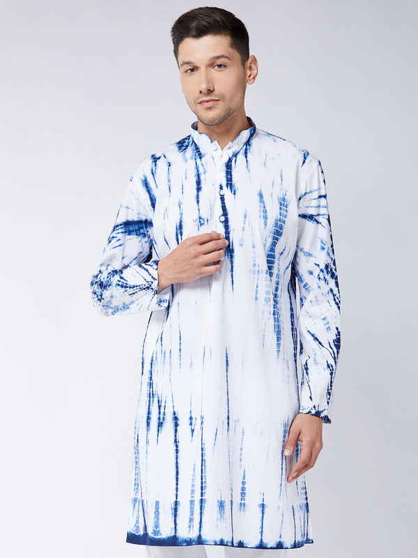 Jashvi Men's Blue And White Pure Cotton Kurta