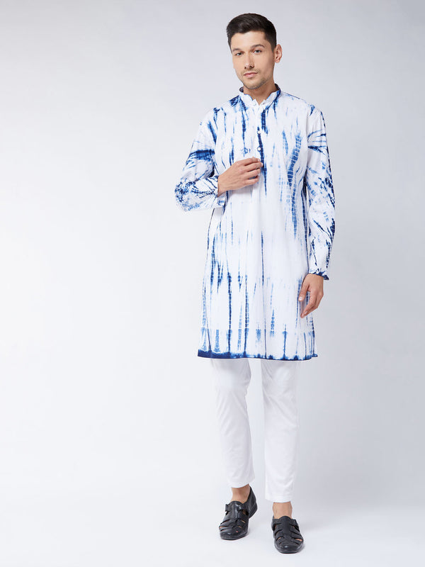 Jashvi Men's Blue And White Cotton Kurta Pyjama Set