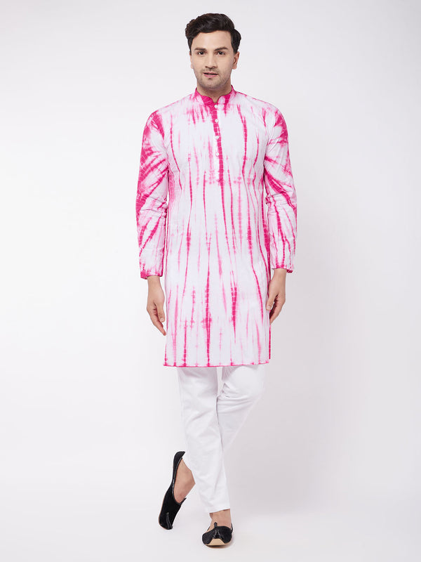 Jashvi Men's Pink And White Cotton Tie Dye Kurta And Solid Pant Style Cotton Pyjama Set