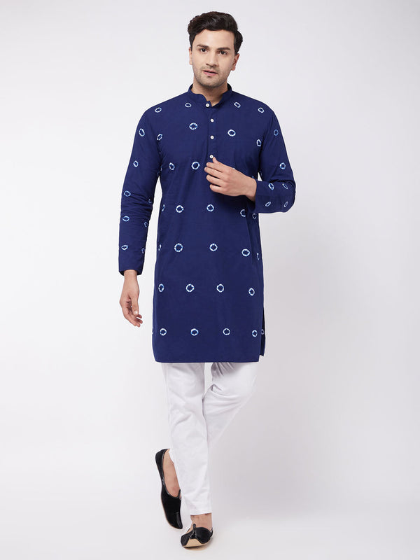 Jashvi Men's Blue And White Cotton Kurta And Pant Style Cotton Pyjama Set