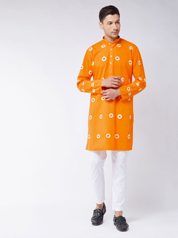 Jashvi Men's Orange And White Cotton Kurta Pyjama Set