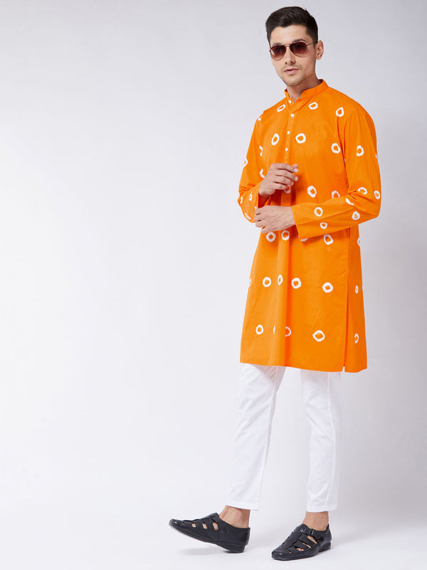 Jashvi Men's Orange And White Bandhni Print Cotton Kurta And Pant Style Cotton Pyjama Set