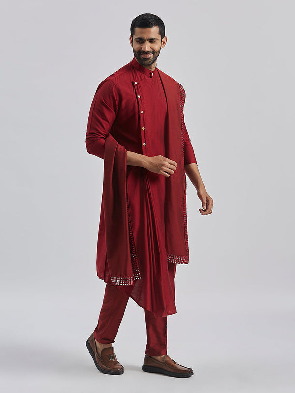 Jashvi Men's Maroon Viscose Blend Kurta, Pyjama & Dupatta Set