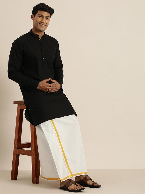 Jashvi Men's Black Cotton Kurta And Mundu Set