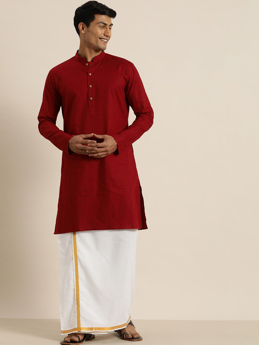 Men's Maroon And White Cotton Blend Kurta And Mundu Set - Vastramay