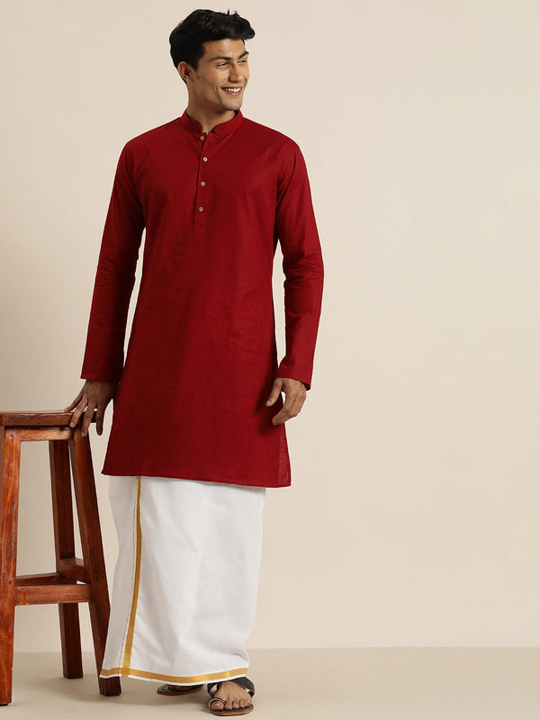 Jashvi Men's Maroon Cotton Kurta And Mundu Set