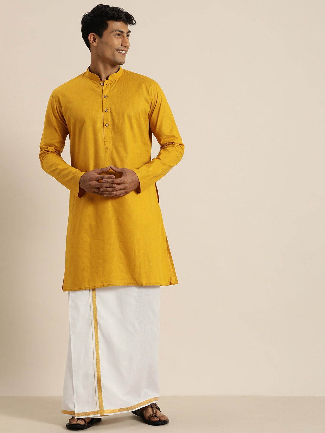 Men's Mustard And White Cotton Blend Kurta And Mundu Set - Vastramay