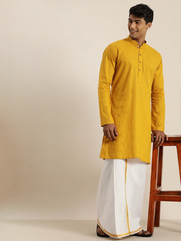 Jashvi Men's Mustard Cotton Kurta And Mundu Set