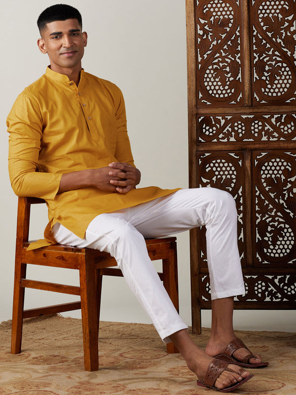 Jashvi Men's Mustard Cotton Kurta With White Pant Set