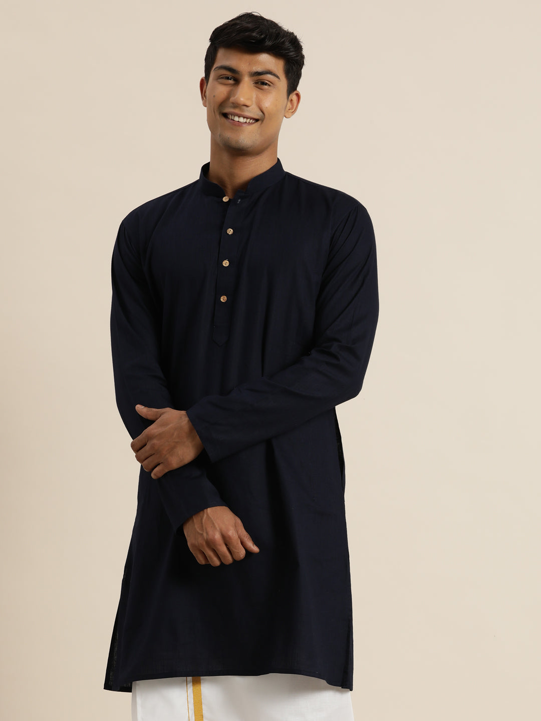 Men's Navy Blue Cotton Kurta - Vastramay