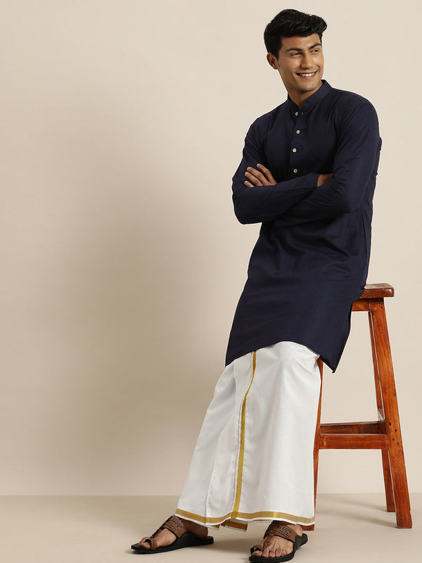 Jashvi Men's Navy Blue Cotton Kurta And Mundu Set