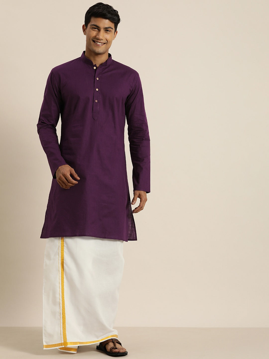 Men's Purple And White Cotton Blend Kurta And Mundu Set - Vastramay