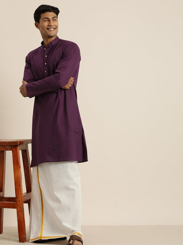 Jashvi Men's Purple Cotton Kurta And Mundu Set