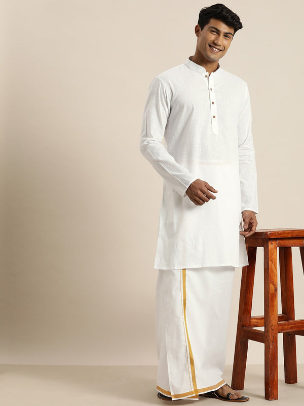 Jashvi Men's White Cotton Kurta And Mundu Set