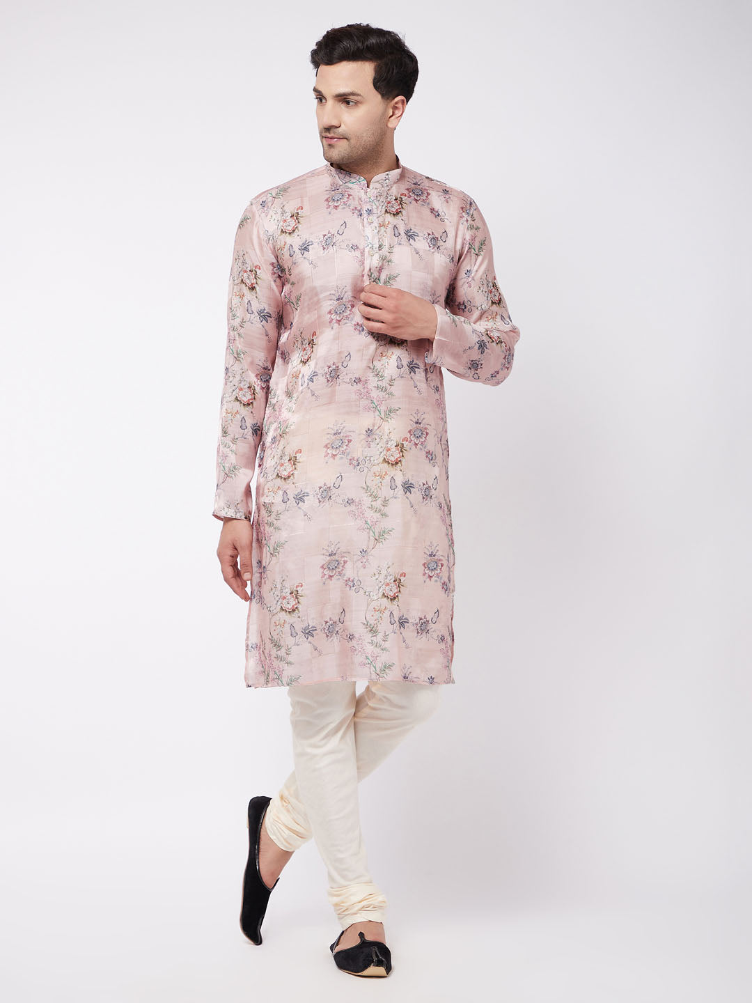 Men's Pink And White Cotton Blend Kurta Pyjama Set - Vastramay