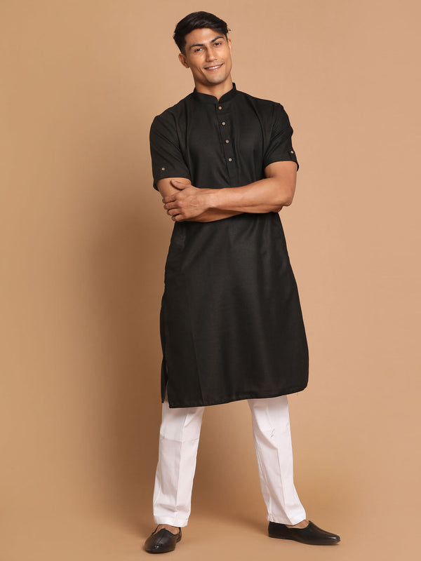 Jashvi Men's Black Solid Kurta with White  Pyjamas