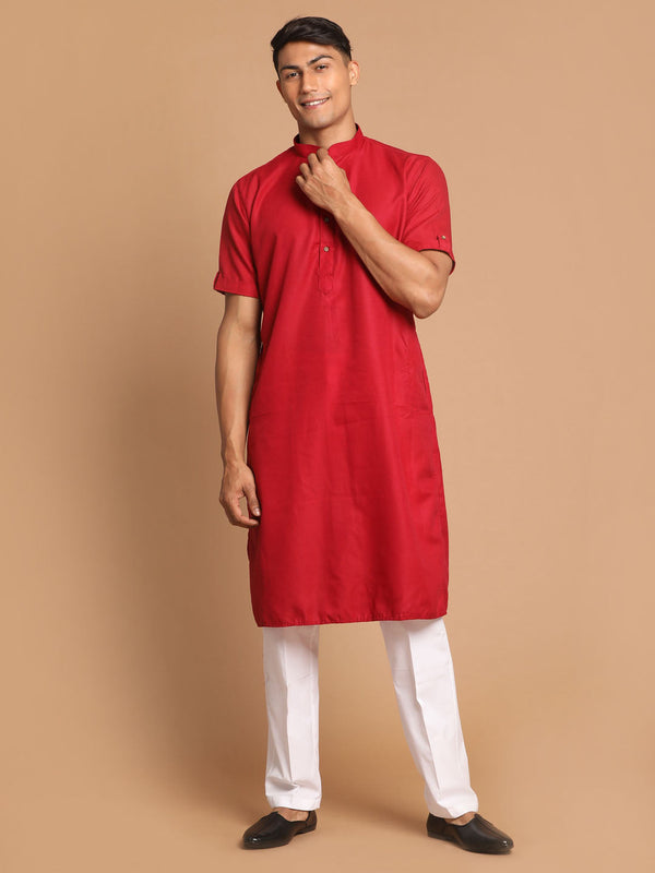 Jashvi Men's Maroon Solid Kurta with White  Pyjama Set