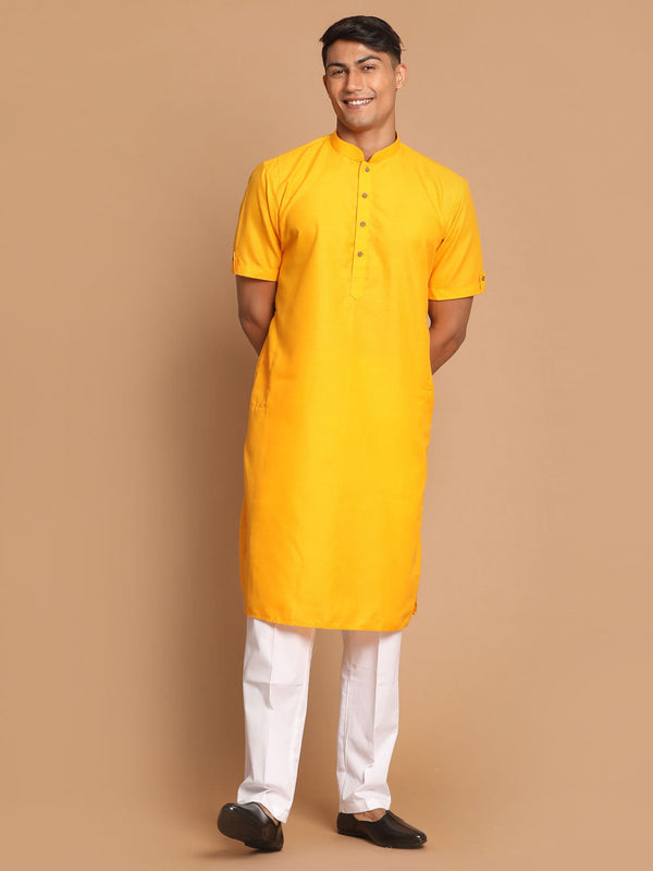 Jashvi Men's Mustard Kurta with White Pyjama Set