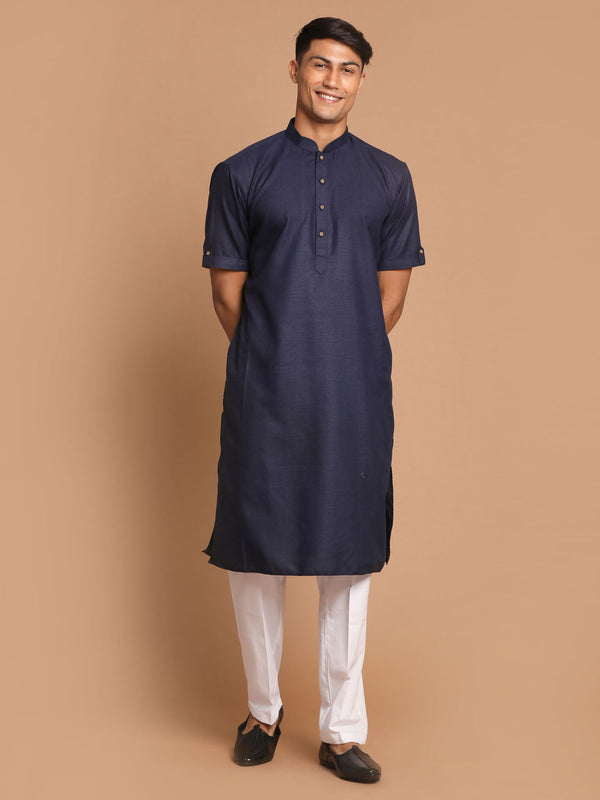 Jashvi Men's Navy Blue  Solid Kurta with White  Pyjama Set