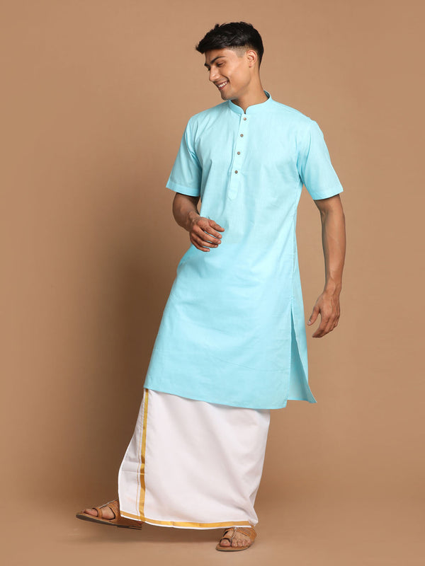 Jashvi Men's Aqua Blue Cotton Kurta And Mundu Set